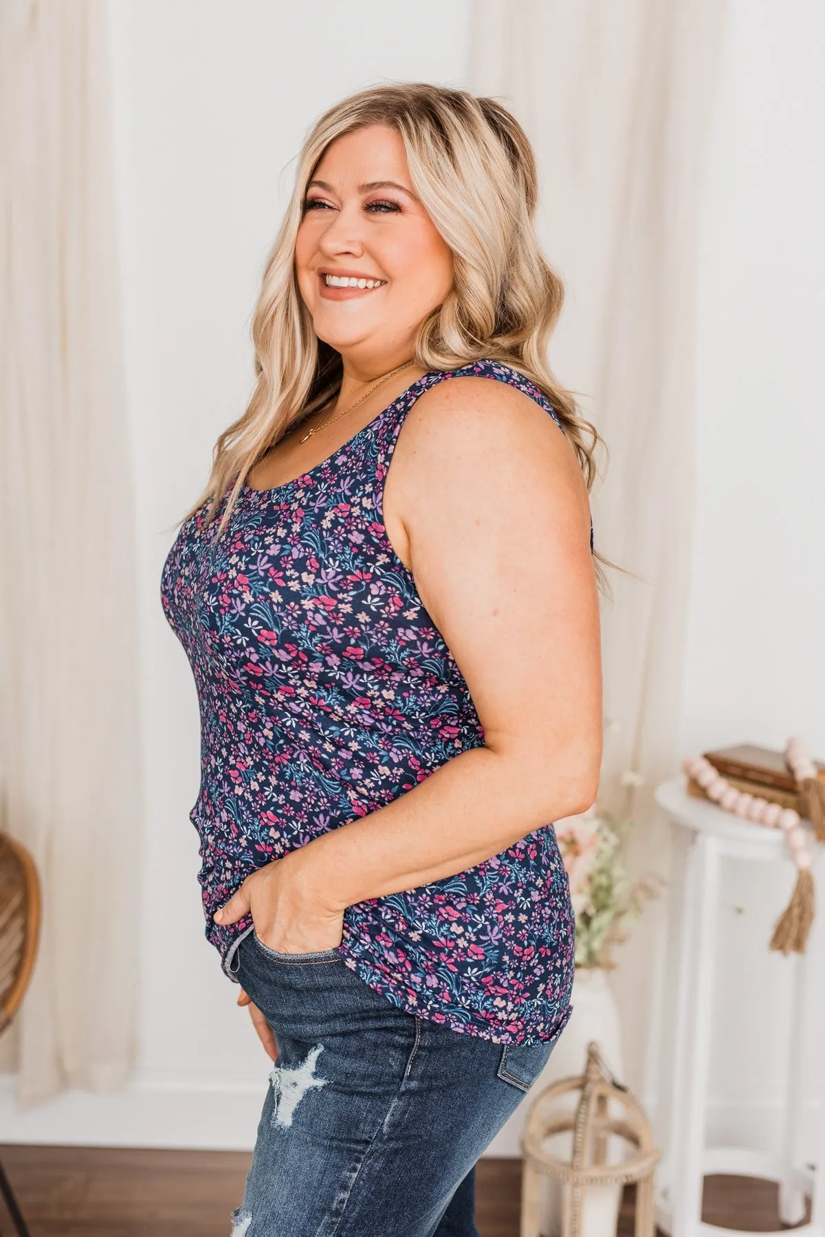 Pretty In Petals Floral Tank Top- Navy