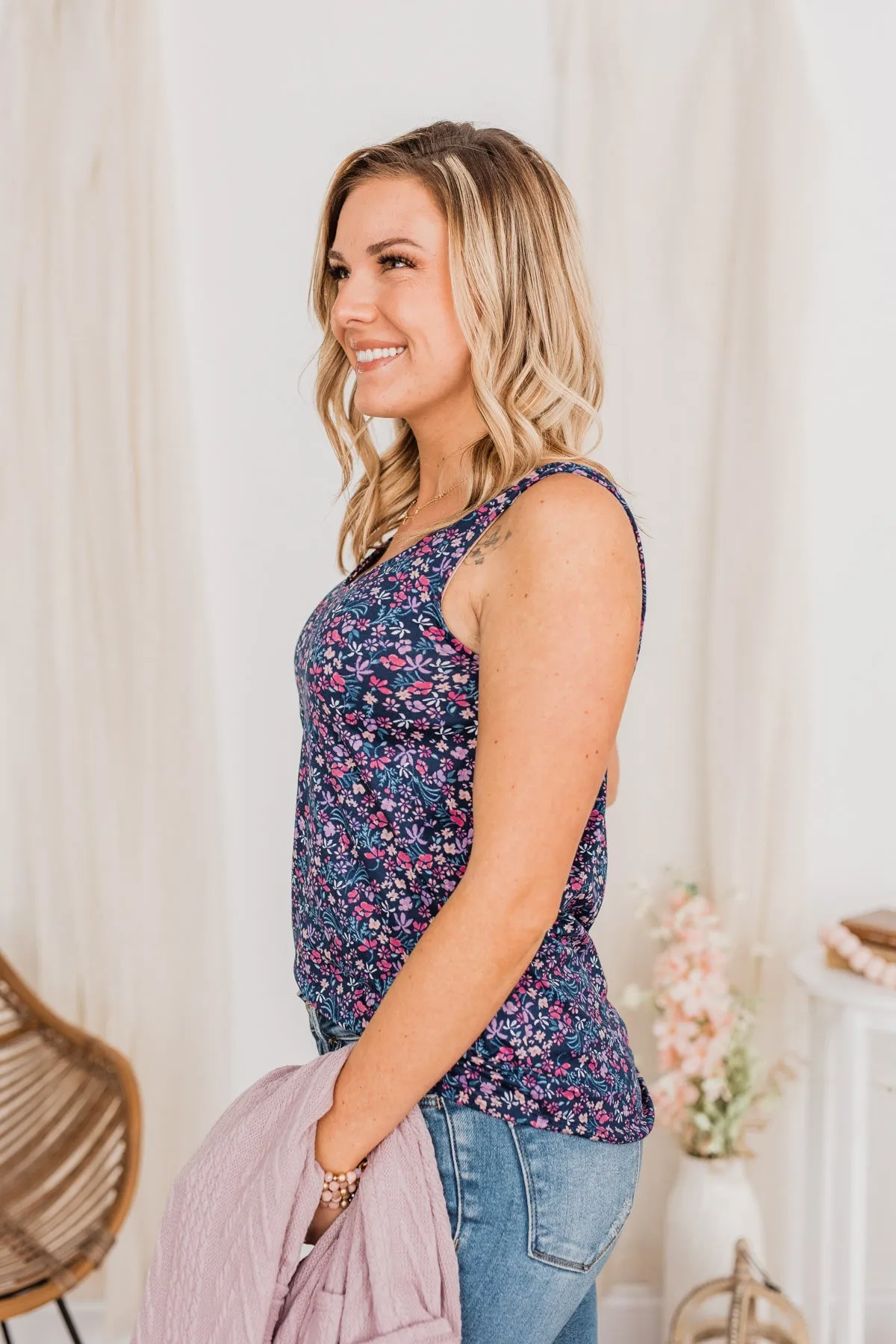 Pretty In Petals Floral Tank Top- Navy