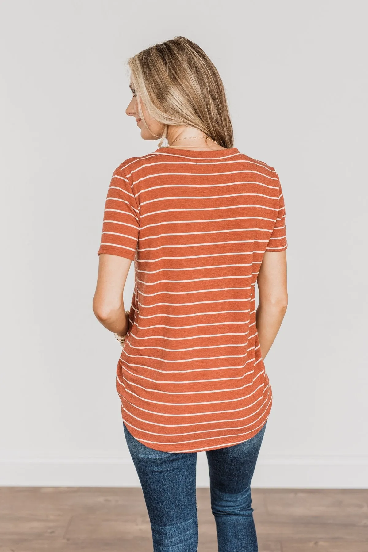 Smiles For Miles V-Neck Striped Top- Rust