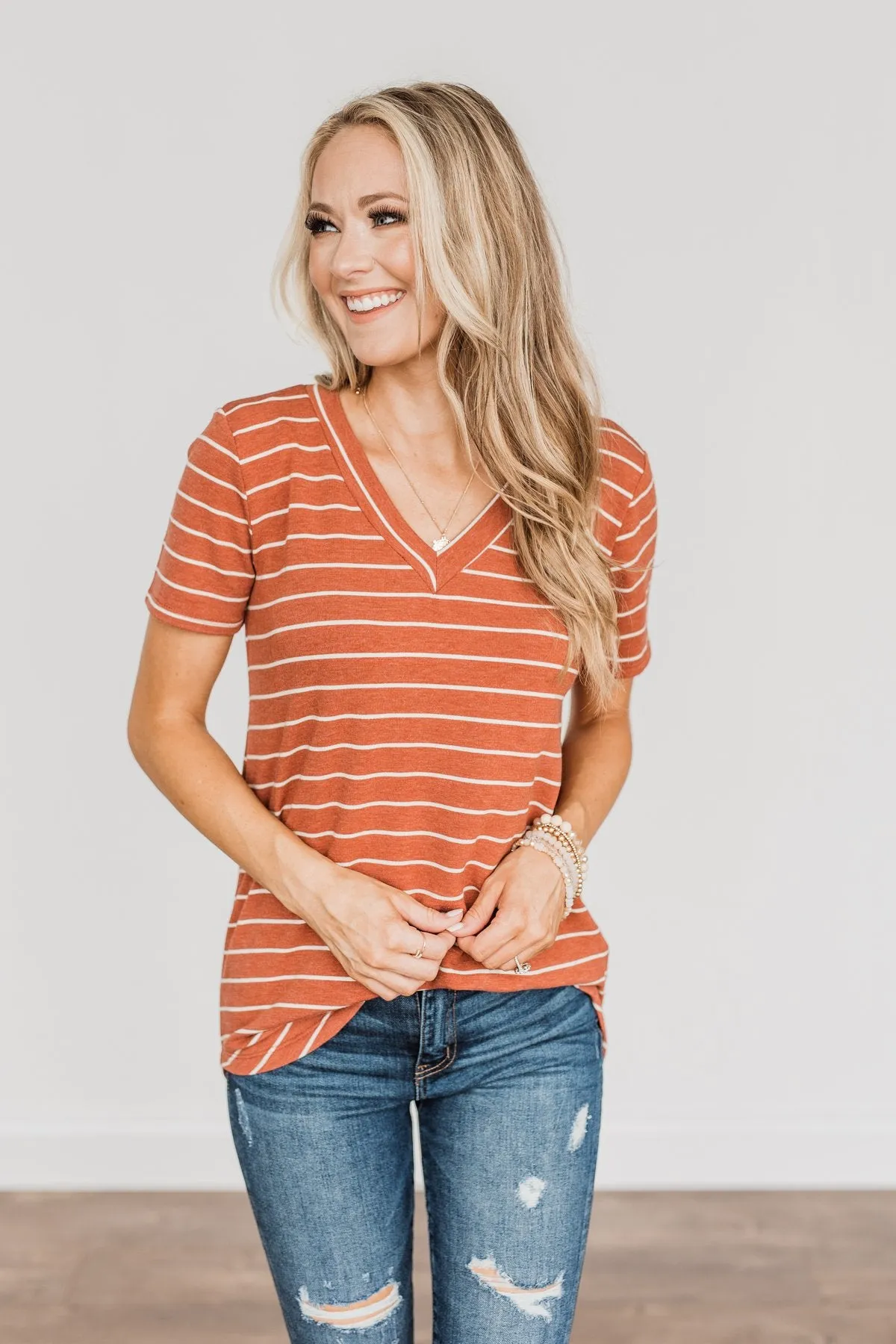 Smiles For Miles V-Neck Striped Top- Rust