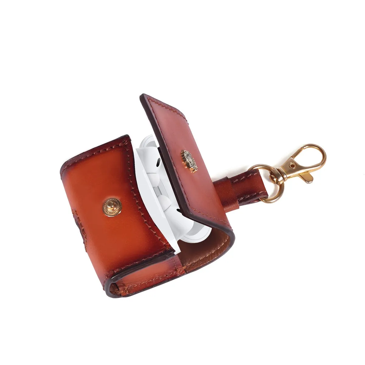 Stylish Square AirPods Pro Carrying Case in Tan Leather Flapover Mini Lion with Keychain Hook Up by Brune & Bareskin