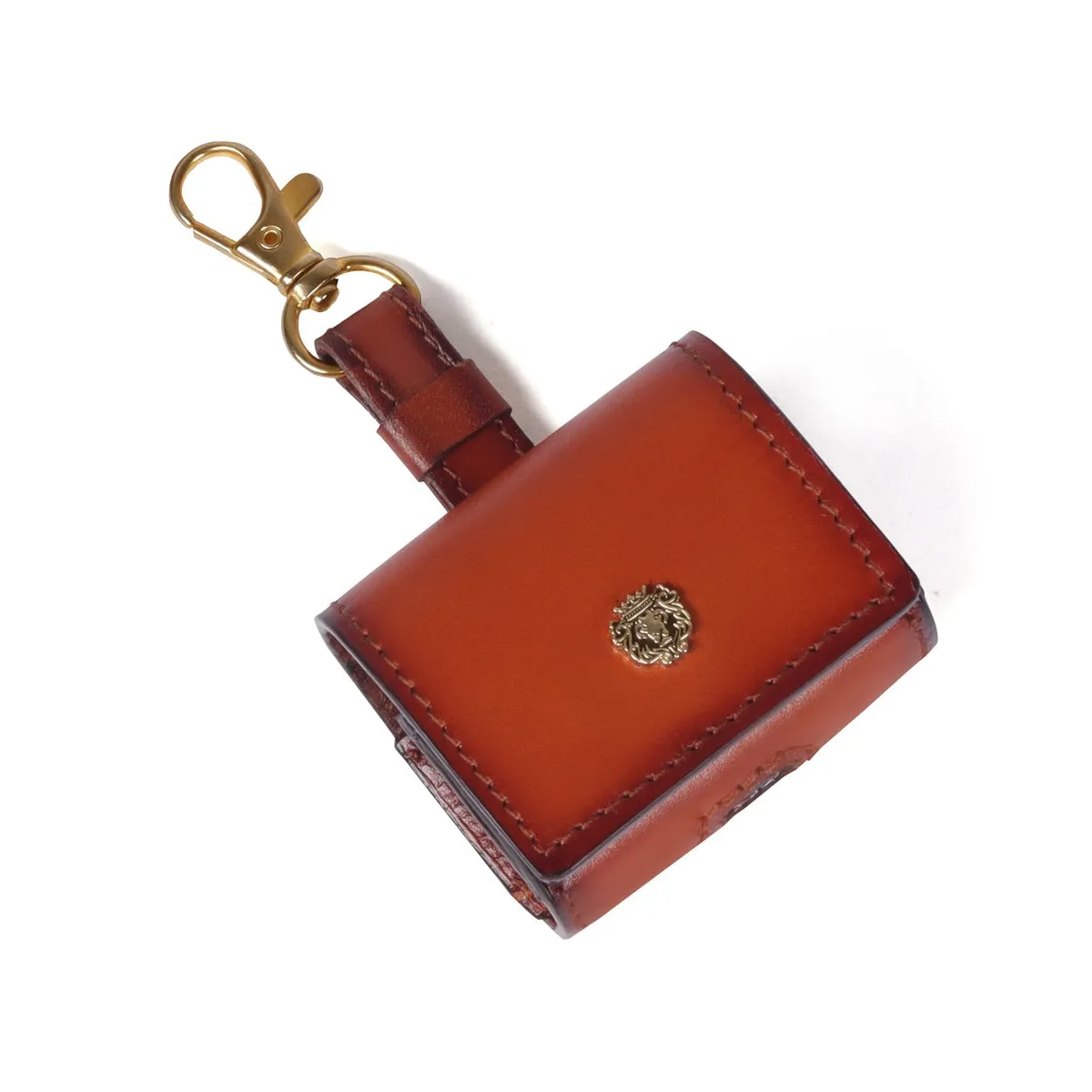 Stylish Square AirPods Pro Carrying Case in Tan Leather Flapover Mini Lion with Keychain Hook Up by Brune & Bareskin