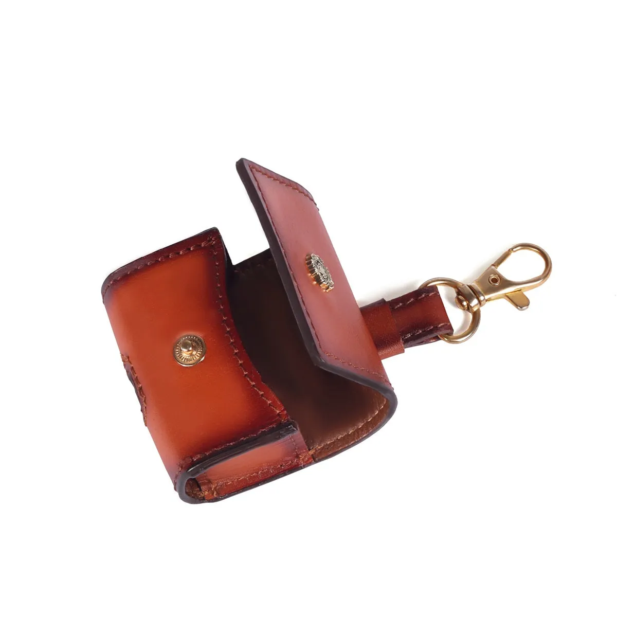 Stylish Square AirPods Pro Carrying Case in Tan Leather Flapover Mini Lion with Keychain Hook Up by Brune & Bareskin