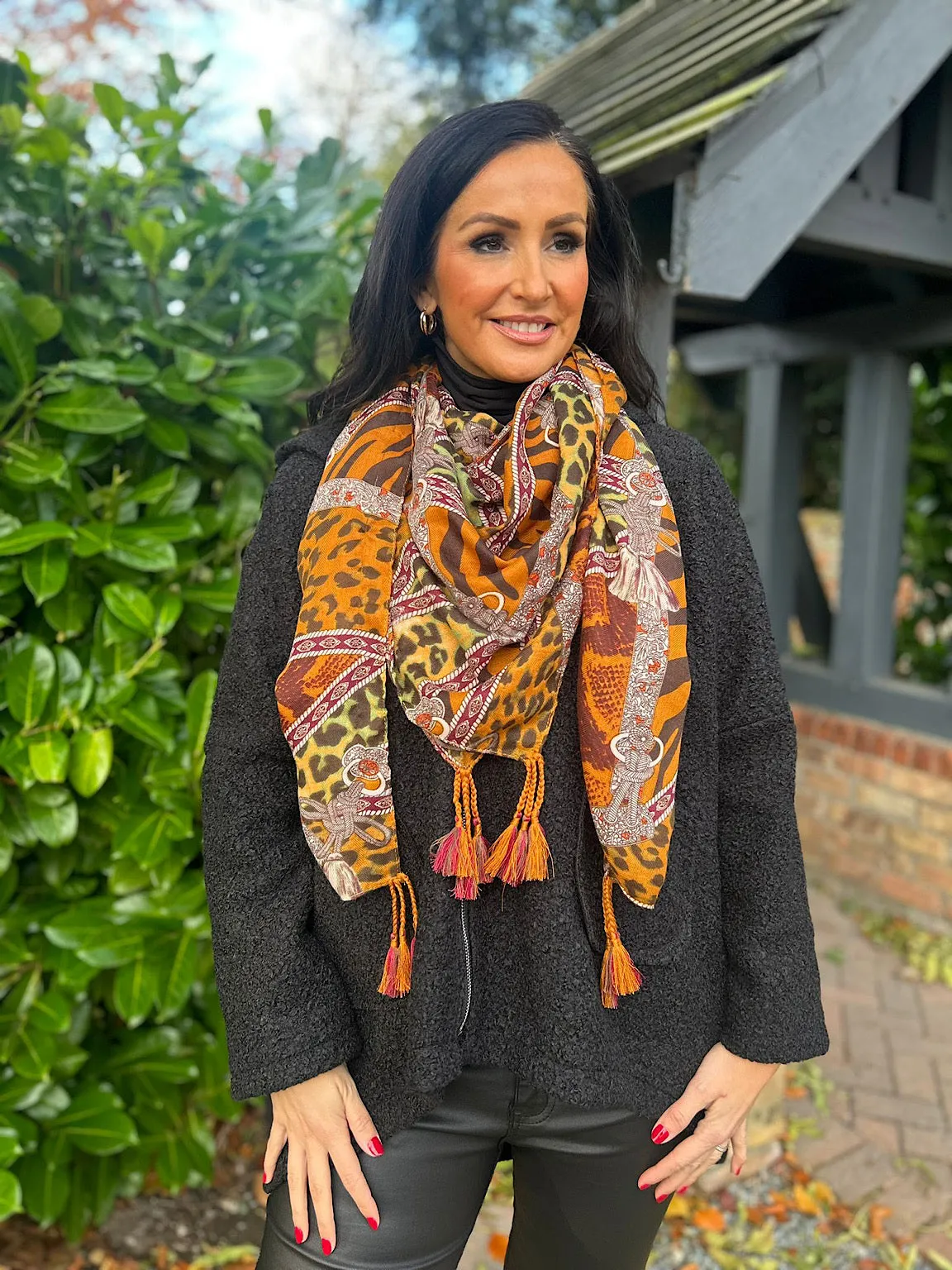 Tan Safari Floral Tassel Scarf