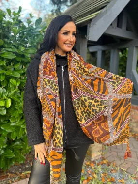 Tan Safari Floral Tassel Scarf