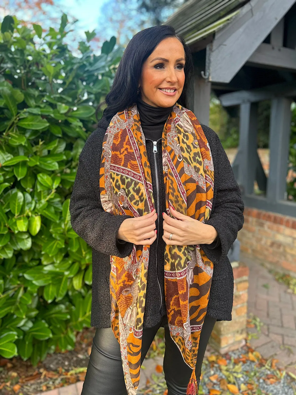 Tan Safari Floral Tassel Scarf