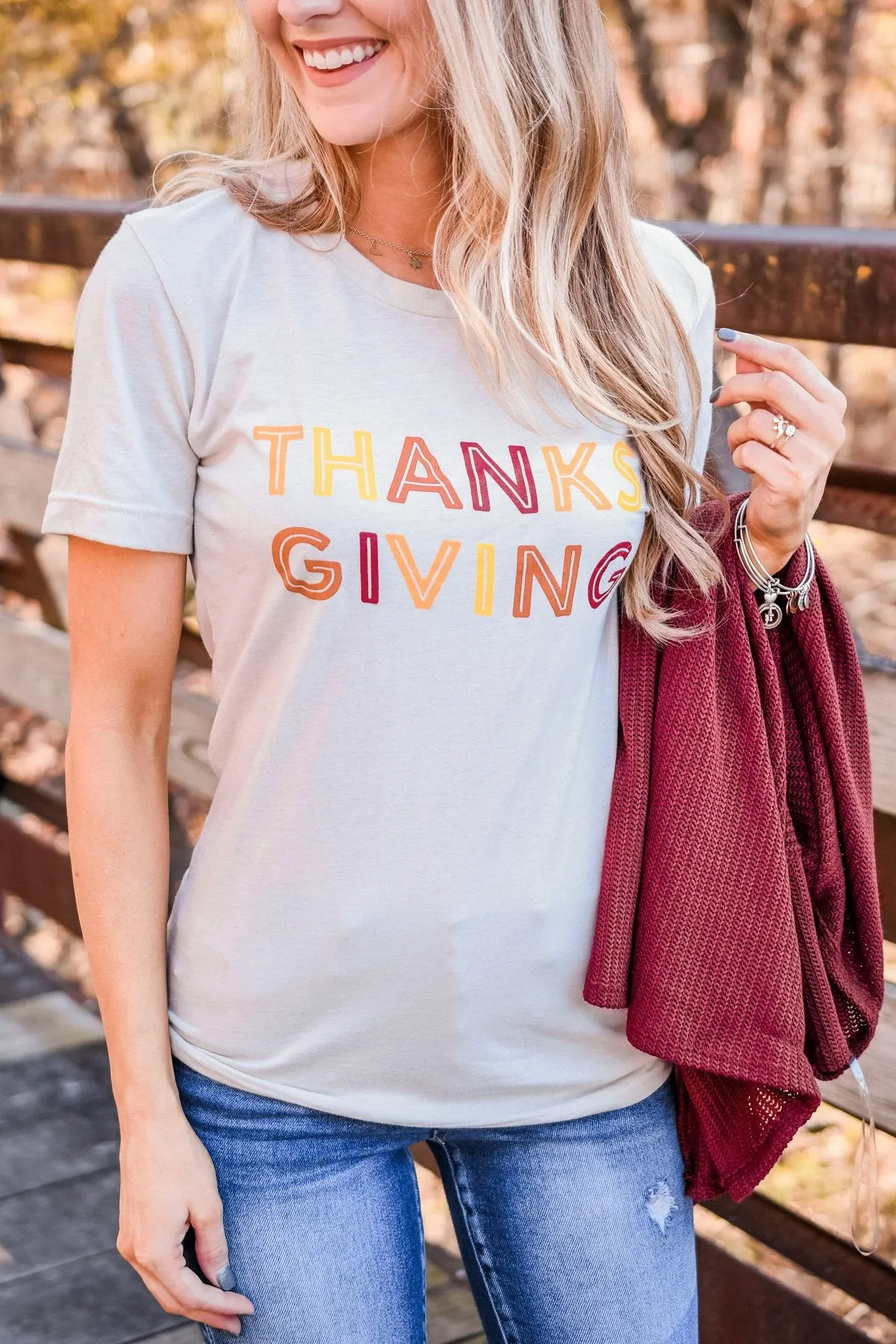 Thanksgiving Colorful Print Graphic Tee- Light Taupe