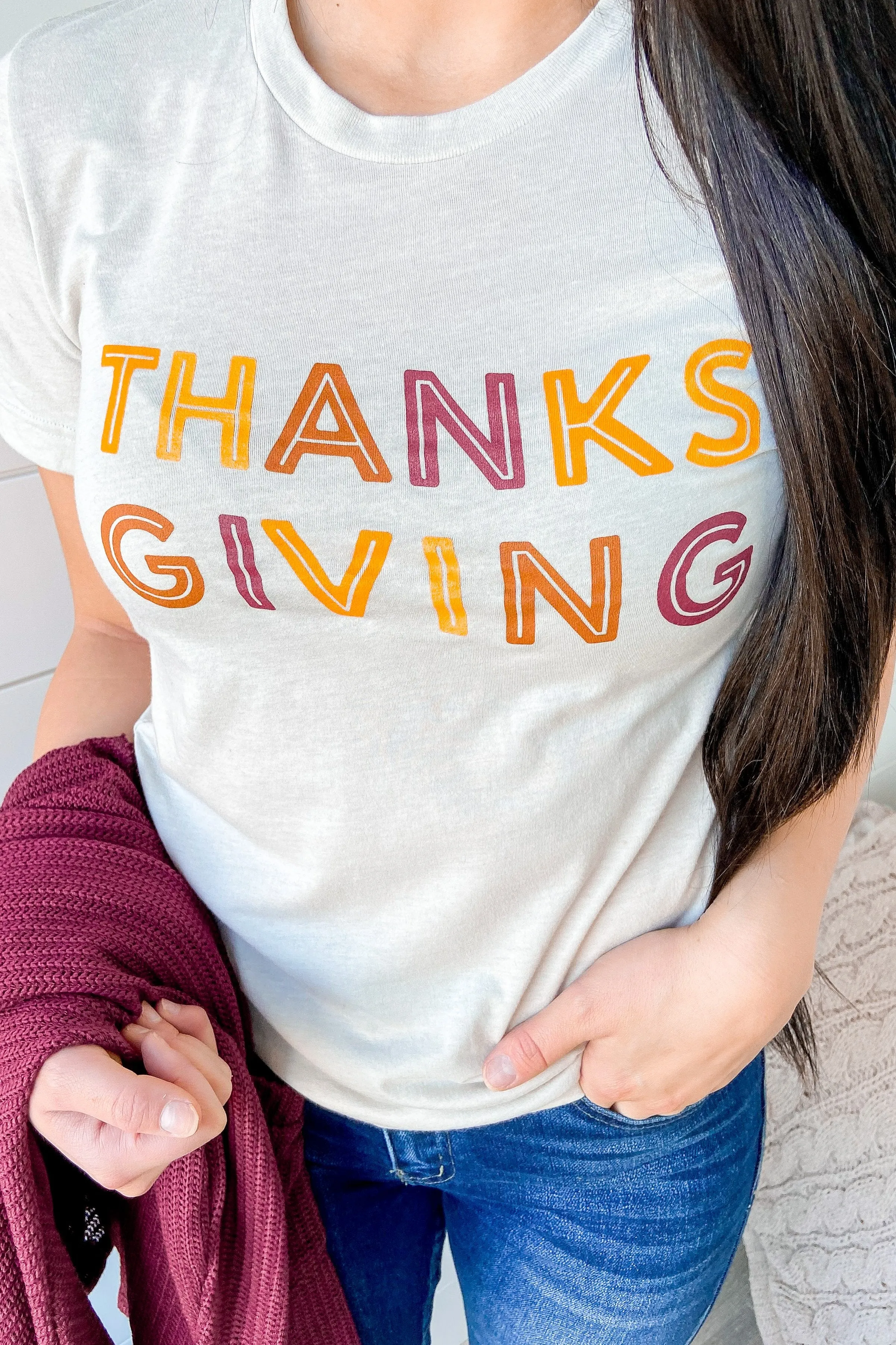 Thanksgiving Colorful Print Graphic Tee- Light Taupe