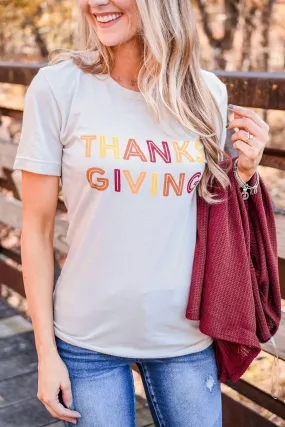 Thanksgiving Colorful Print Graphic Tee- Light Taupe