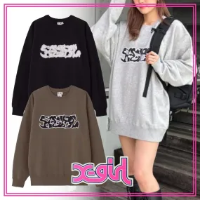 X-girl  |Crew Neck Unisex Street Style Long Sleeves Plain Cotton Logo