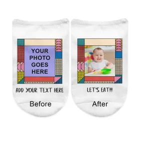 Your Photo and Text on No Show Socks in Colorful Frame